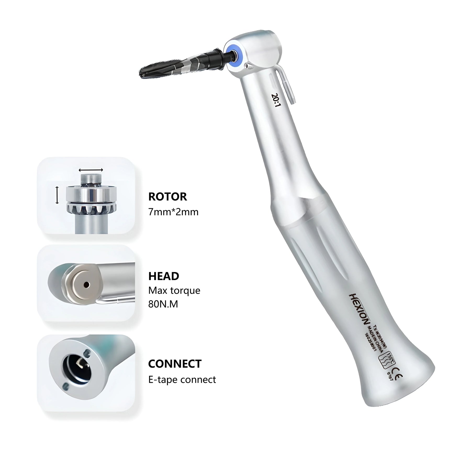 HEXION Dental 20:1 SG20 Contra Angle Slow Low Speed Handpiece Fit To Dental Implant Motor For 2.35mm Burs E-Type With Stainless
