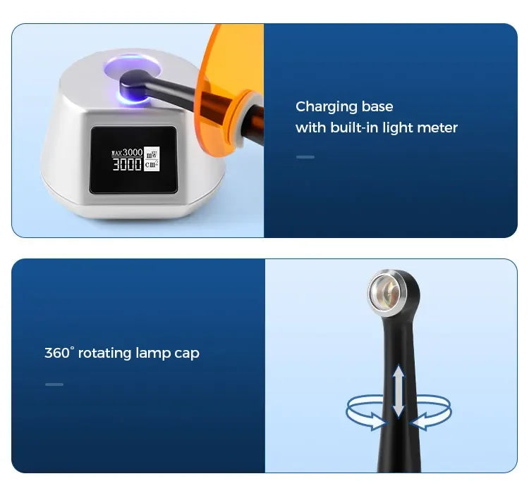 Dental Wireless 1 Second Curing Light Dentist Cordless LED Lamp 3000 mw/cm² with caries detector Light meter tester