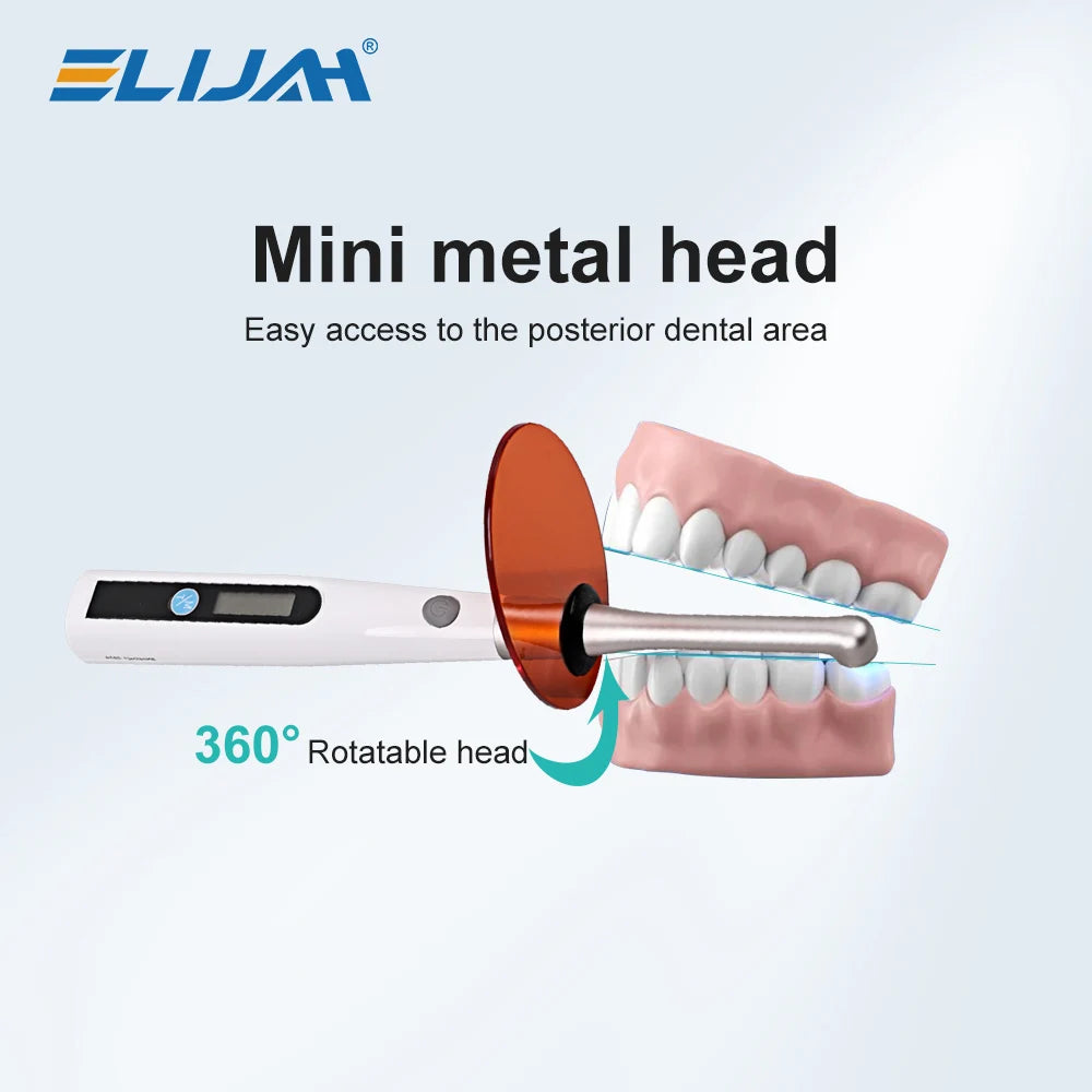 ELIJAH Dental Curing LED Lamp Wireless 1 Second Cure Light 800-1400mw/cm² Dentistry Equipment Metal Head 360° Rotating Lab Tools