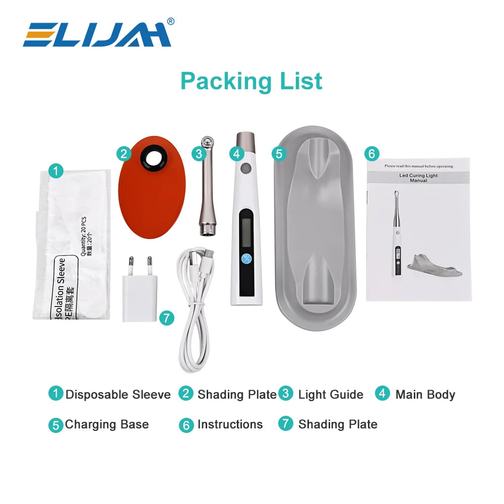 ELIJAH Dental Curing LED Lamp Wireless 1 Second Cure Light 800-1400mw/cm² Dentistry Equipment Metal Head 360° Rotating Lab Tools